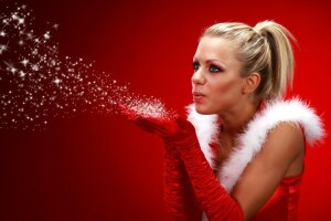 background, blonde, fur, girl, gloves, holiday, in red, maiden