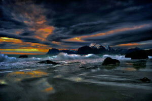 clouds, glow, landscape, Norway, rocks, sea, shore, stones