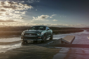 2015, carro, Ford, Frente, músculo, Mustang, pôr do sol, Velgen