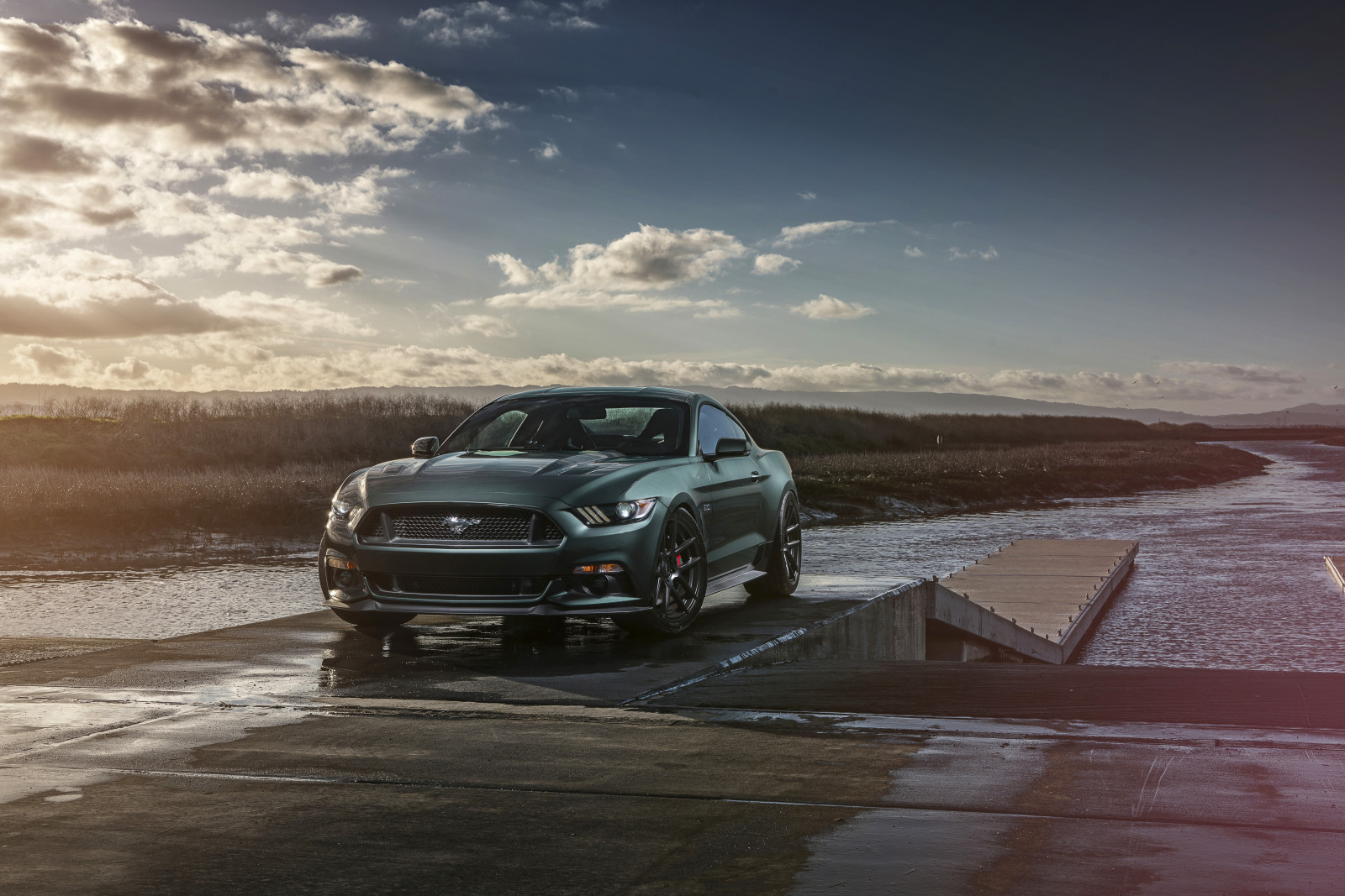 tramonto, auto, Mustang, Guado, muscolo, Davanti, ruote, 2015