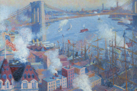 Bridge, Brooklyn bridge, home, New York, picture, The Urban Landscape, Theodore Earl Butler