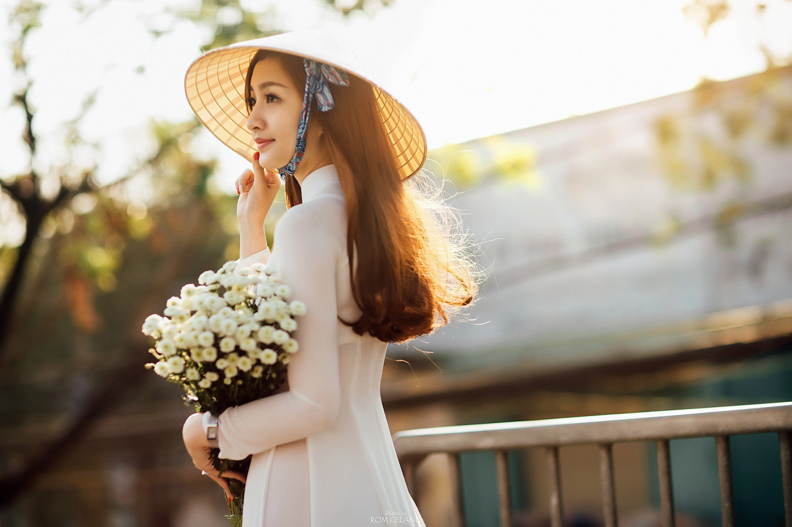 fille, fleurs, asiatique