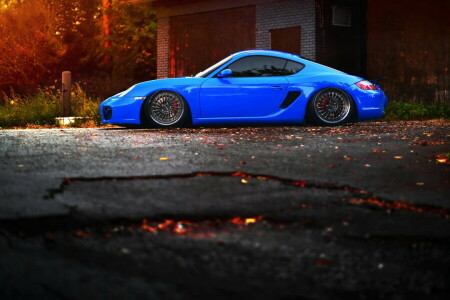 blu, auto, Porsche, Porsche Cayman, Stance, messa a punto