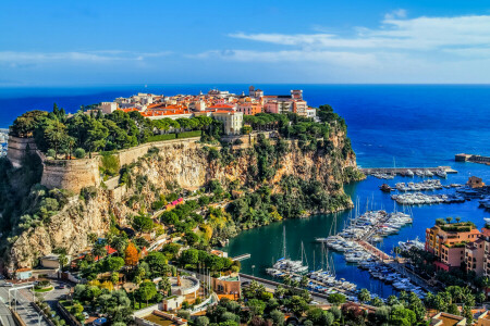 boats, coast, home, horizon, Monaco, Monte Carlo, rocks, sea