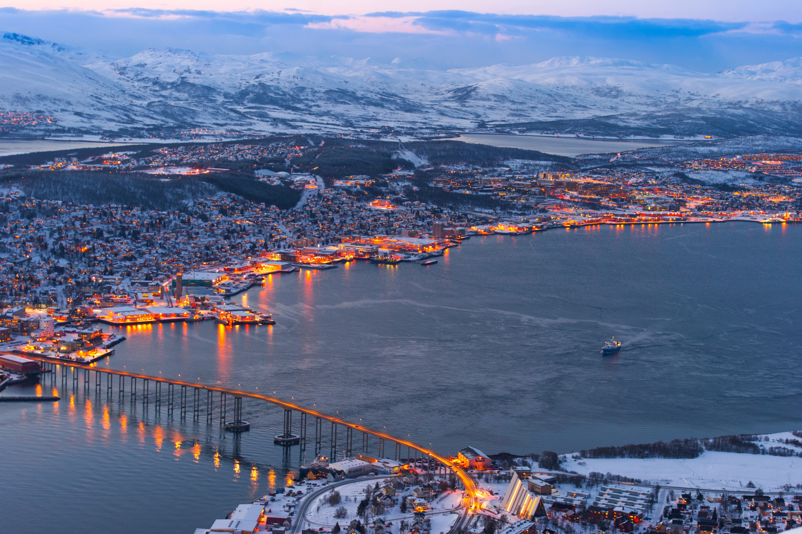 natureza, a cidade, rio, inverno, panorama, Noruega, casa, Ponte