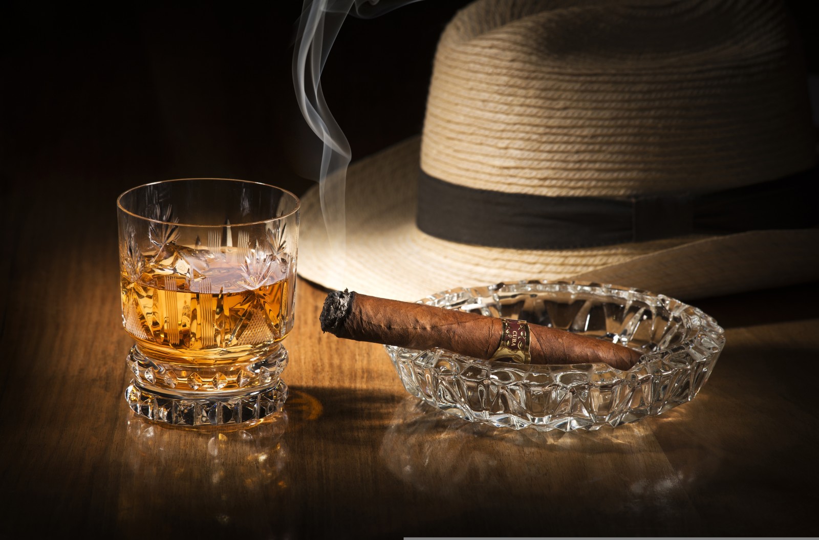 glass, hat, whiskey, drink, smoke, alcohol, cigar