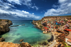 plage, côte, Malte, village de popeye, mer