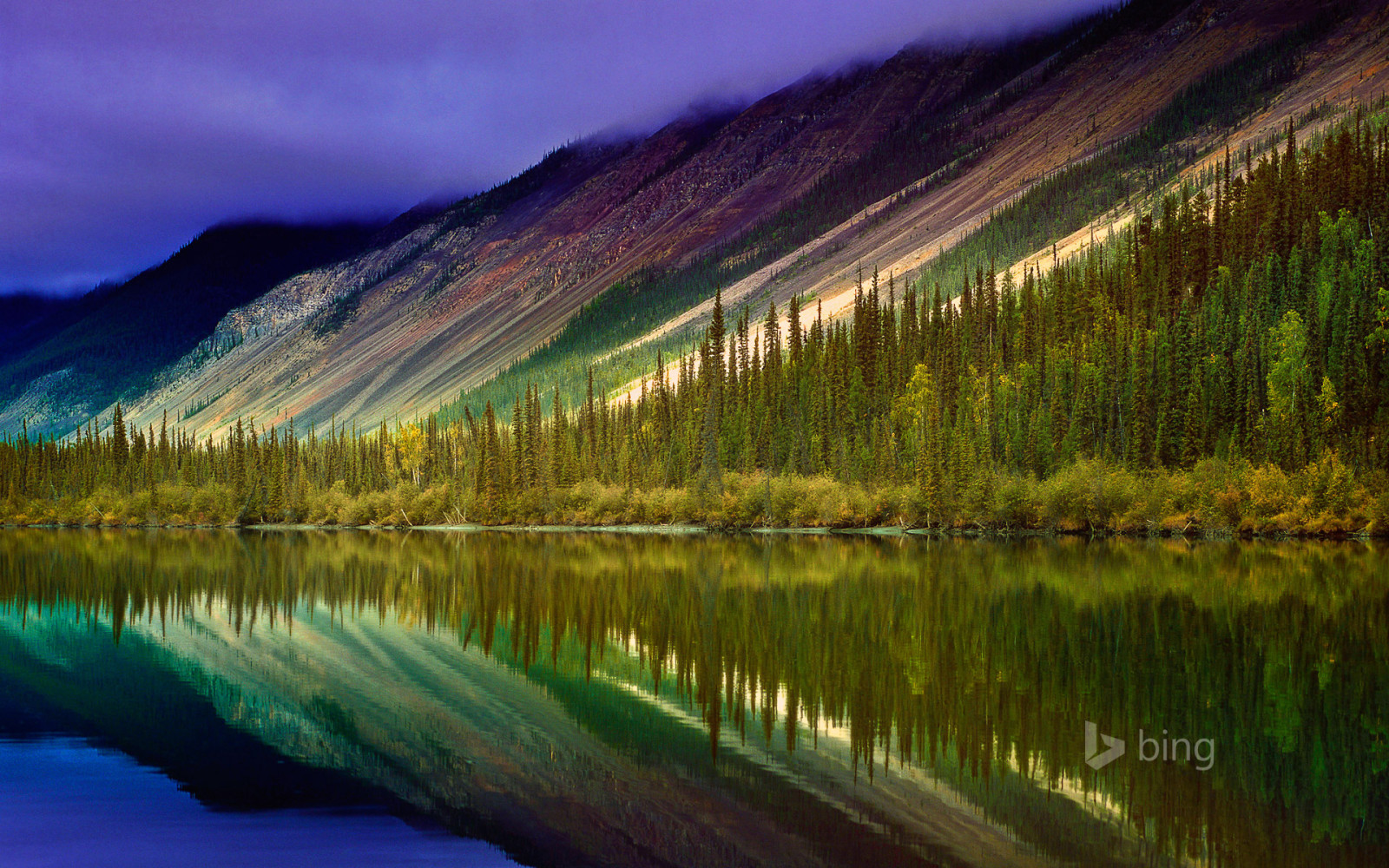 Woud, meer, reflectie, bomen, Canada, bergen, Nahanni National Park Reserve