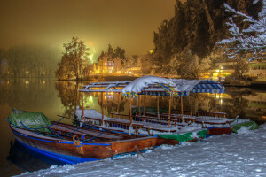 Bled, boats, home, lake, lights, night, shore, Slovenia