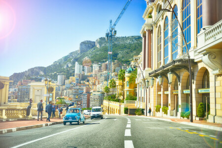 edificio, macchine, gru, europeo, Macchina, Monaco, persone, strada