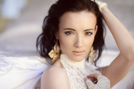 beautiful, brunette, face, Galina Tcivina, lace, light, lips, look