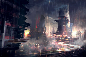 futuro, megapolis, Noir, lluvia, rascacielos, la ciudad