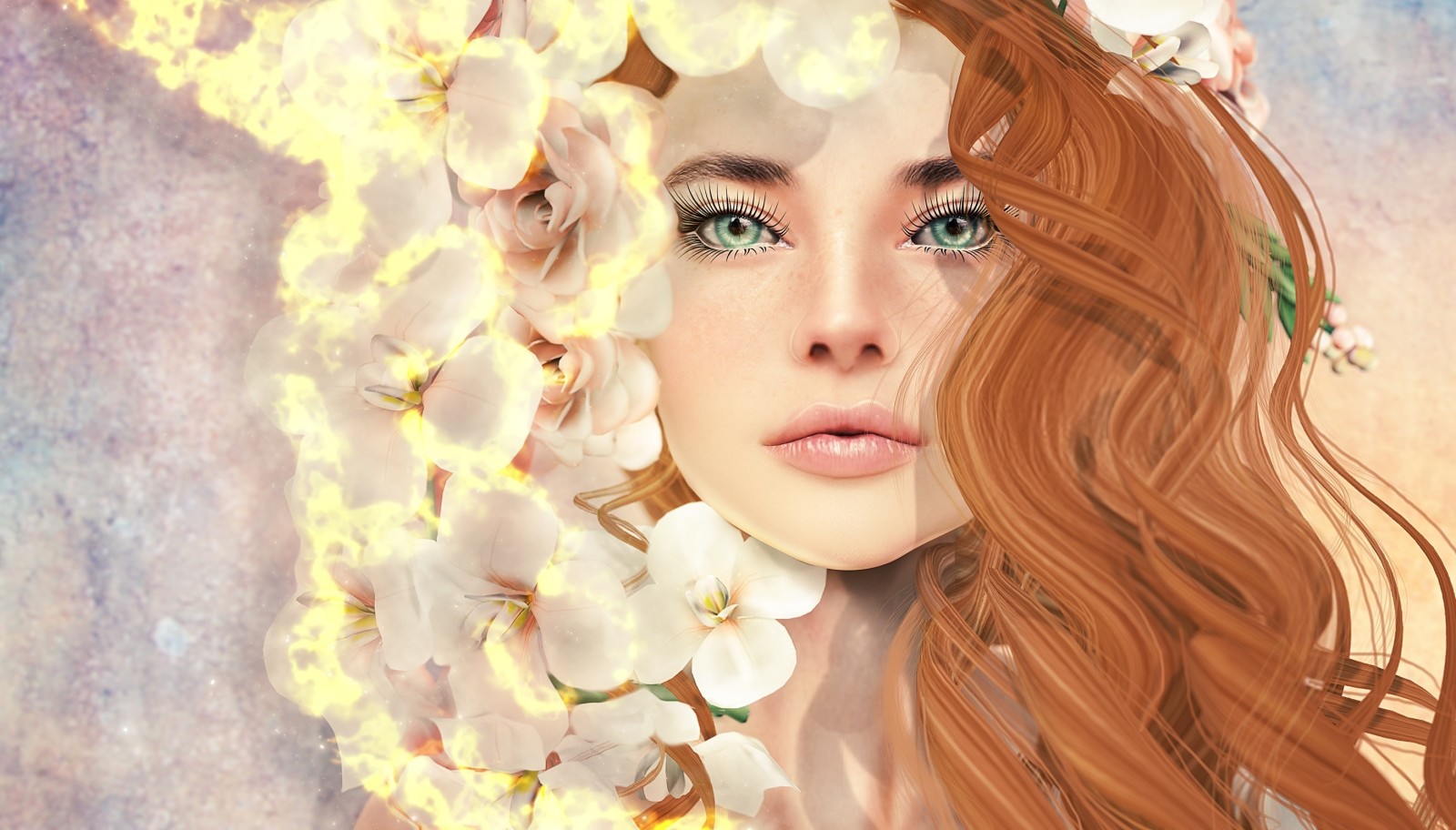 visage, fille, fleurs, cheveux