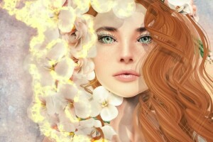 visage, fleurs, fille, cheveux