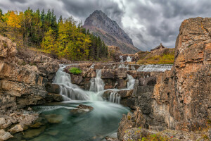 maison, montagnes, rivière, rochers, toit, Le ciel, des arbres, cascade