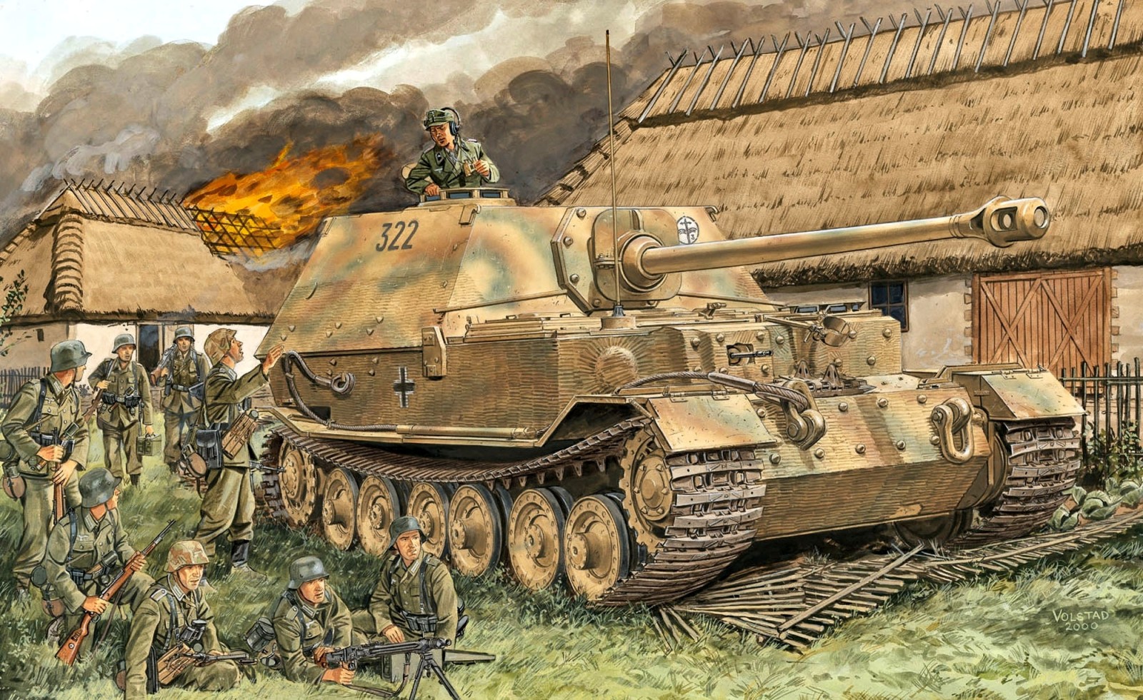 De Wehrmacht, soldaten, hek, MG-42, Elefant, Brandend huis