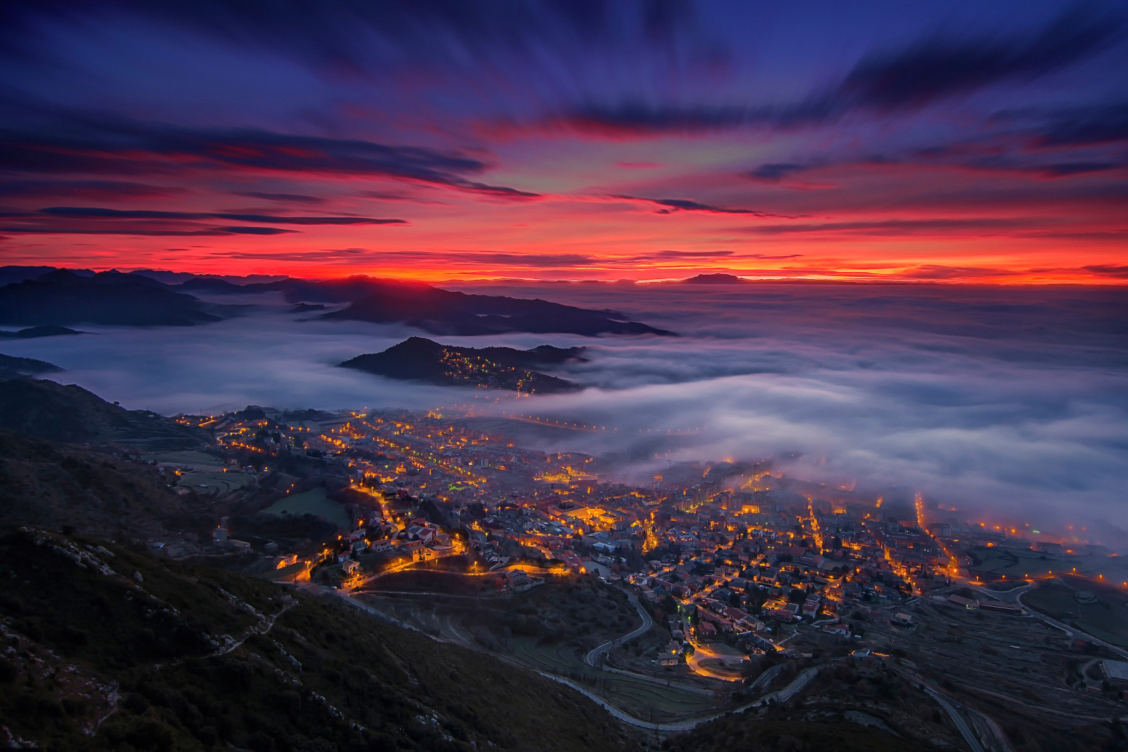 la sera, nuvole, valle, nebbia, Catalogna, Spagna, Berg