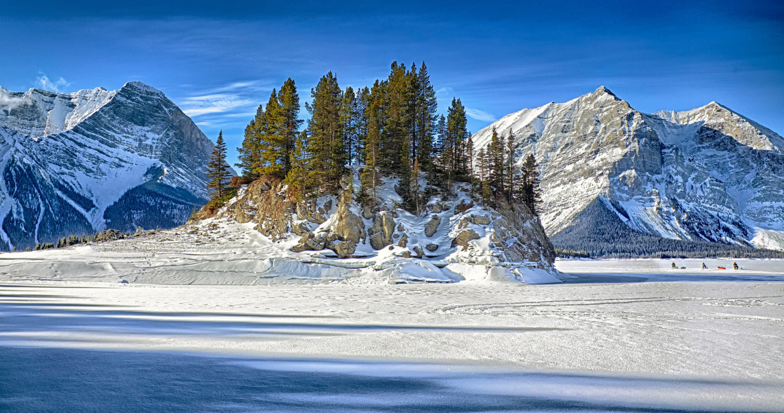 snow, the sky, lake, ice, winter, trees, island, mountains