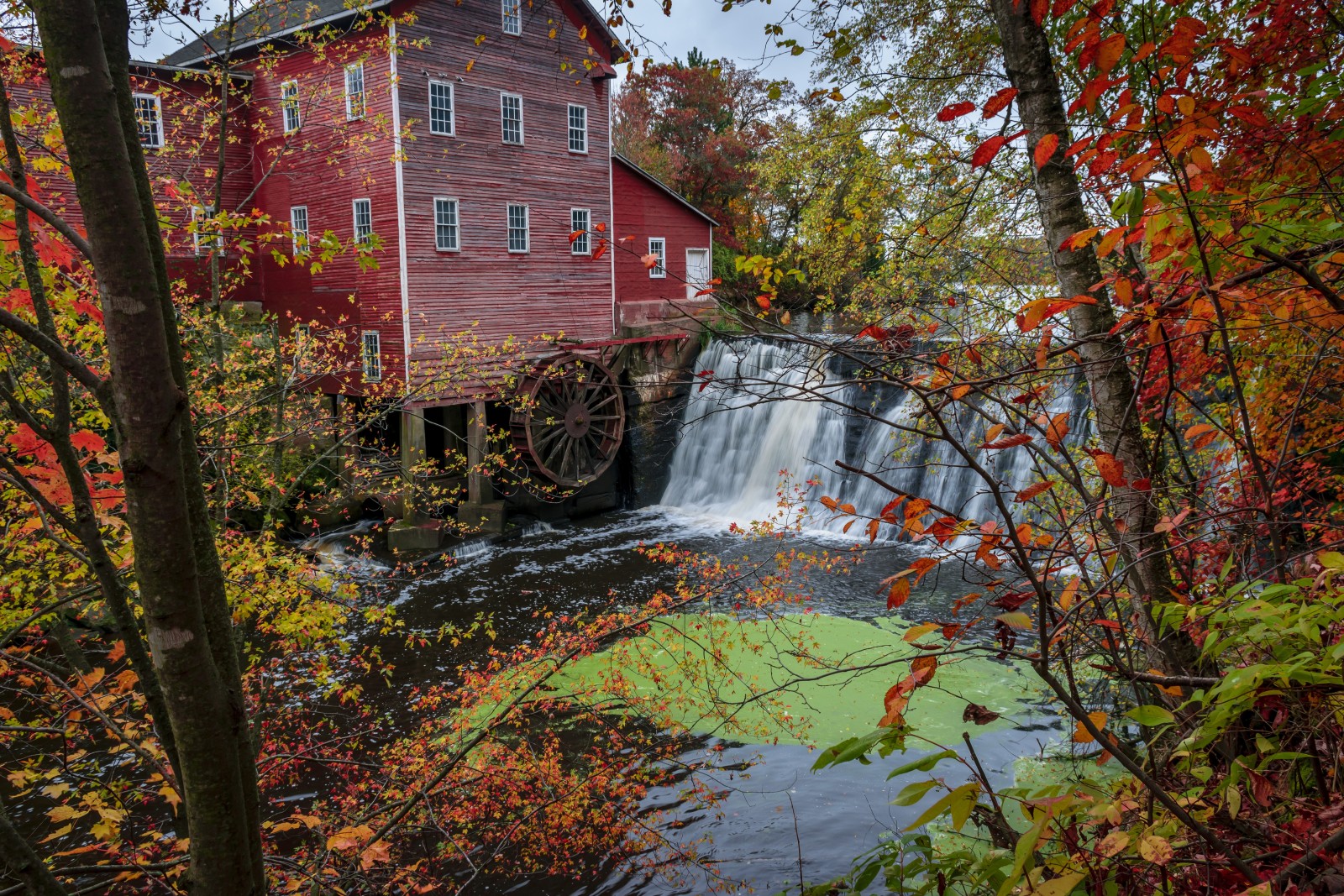 herfst, Woud, rivier-, bomen, waterval, Verenigde Staten van Amerika, Augusta, Watermolen