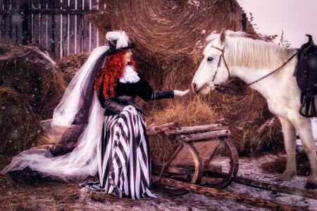 girl, hair, hat, hay, horse, lady, outfit, red