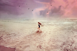 birds, girl, sea, sunset, wave