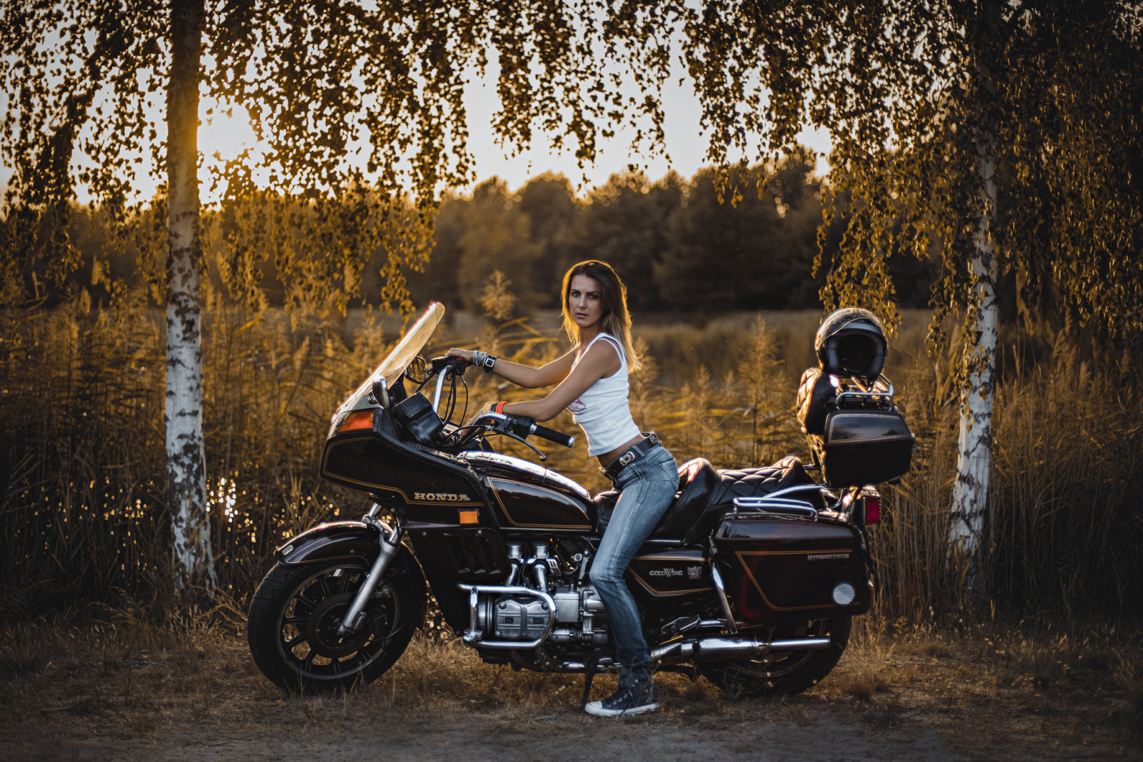 girl, trees, jeans, style, birch, Honda