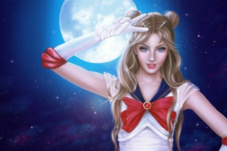 anime, art, costume, girl, look, night, Sailor Moon, The moon