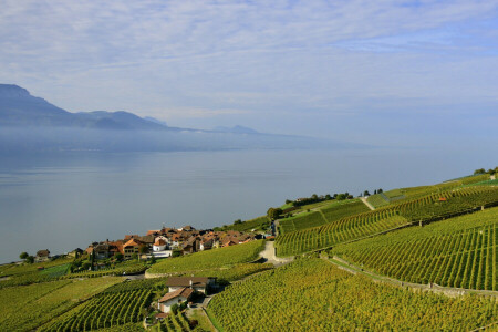 nuvole, campo, casa, lago, montagne, mare, pendenza, il cielo