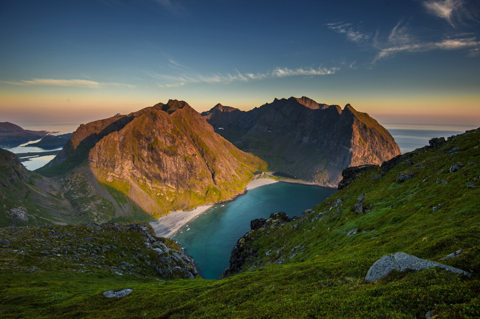 gress, himmelen, innsjø, solnedgang, skyer, fjellene, skråningen