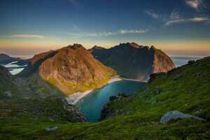 clouds, grass, lake, mountains, slope, sunset, the sky