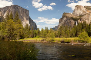 Californie, montagnes, parc, rivière, rochers, des arbres, Etats-Unis, cascade