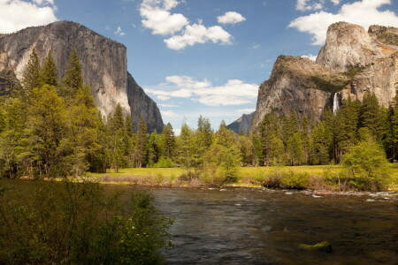 Californie, montagnes, parc, rivière, rochers, des arbres, Etats-Unis, cascade