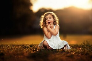 bokeh, child, dress, girl, hands, surprise