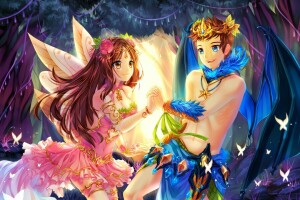 anime, art, BUTTERFLY, fairy, forest, girl, guy, nature