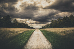 des nuages, maison, route, Le ciel