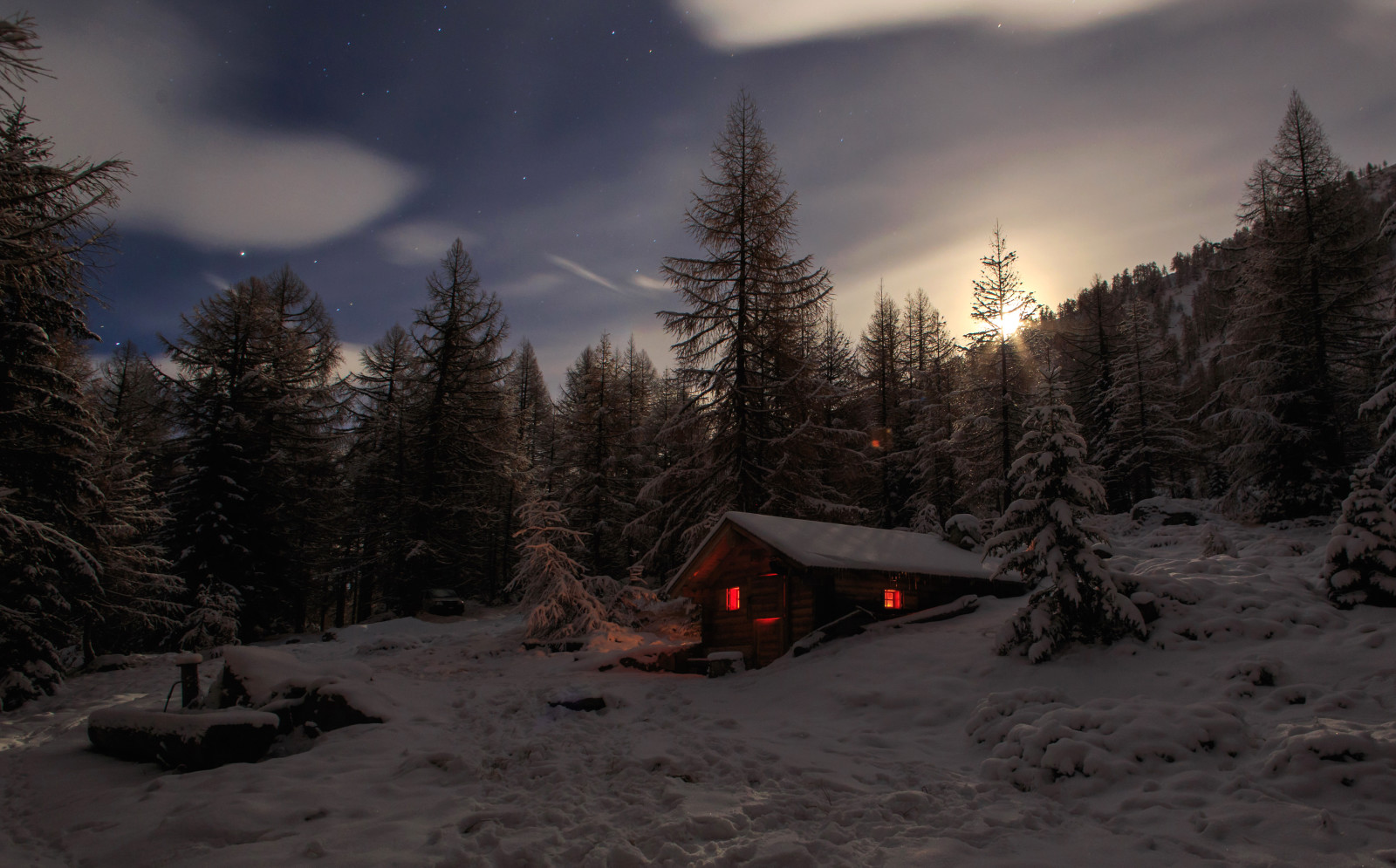 snow, forest, house, Switzerland, winter, trees, mountains, the snow