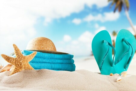 beach, hat, sand, shell, slates, starfish, towel