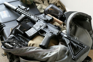 assault rifle, bag, optics, weapons