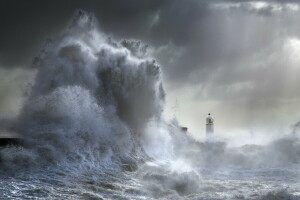 Lighthouse, sea, wave