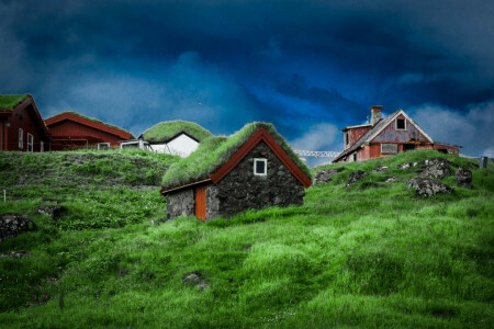 clouds, Denmark, Faroe Islands, grass, house, slope, stones, the sky