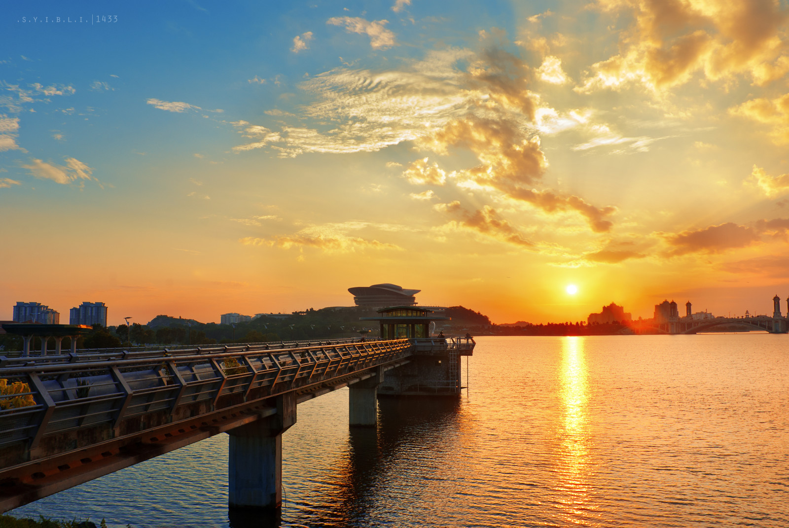 la città, tramonto, mare, ponte