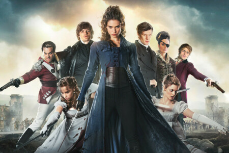 characters, guns, knives, Lily James, Matt Smith, poster, prejudice and zombies, pride