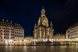 zone, Dresde, Allemagne, éclairage, lumières, monument, nuit, gens