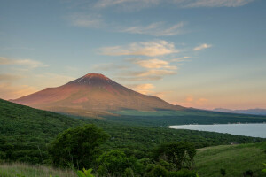 Fuji, Japon, Lac, paysage, Montagne, Le ciel, des arbres