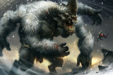 grin, hands, horn, monster, snow, storm, teeth, winter