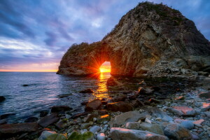 arco, playa, Japón, Rayos, rock, Sangamon, mar, el sol