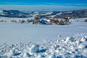 Hem, bergen, backe, snö, himmelen, vinter-