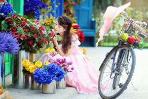 bicicleta, flores, menina, rua