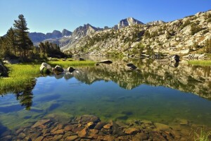 lake, landscape, mountains, rocks, stones, the sky, trees