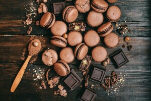 chocolate, macaroon, nuts, spoon